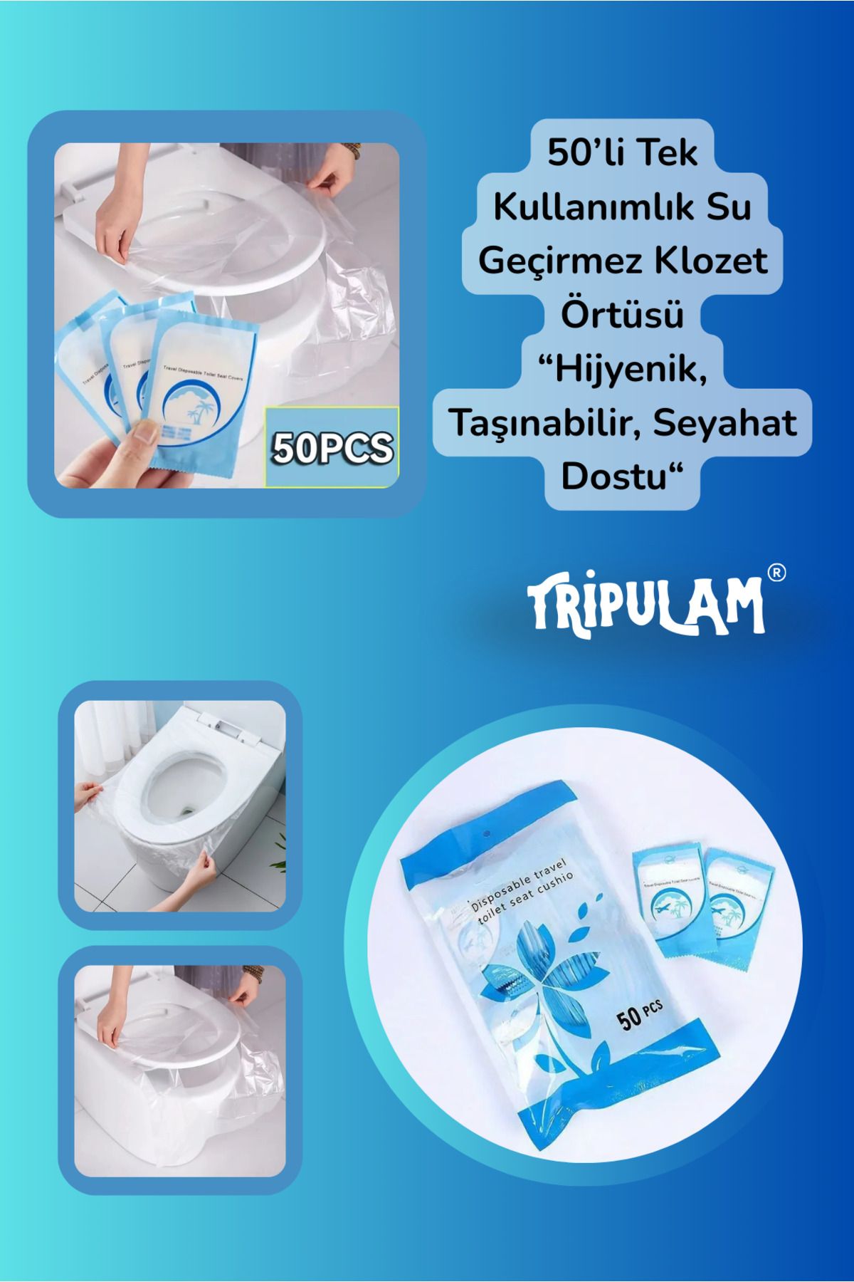 TRİPULAM 50’li Tek Kullanımlık Su Geçirmez Klozet Örtüsü | Hijyenik, Taşınabilir, Seyahat Dostu