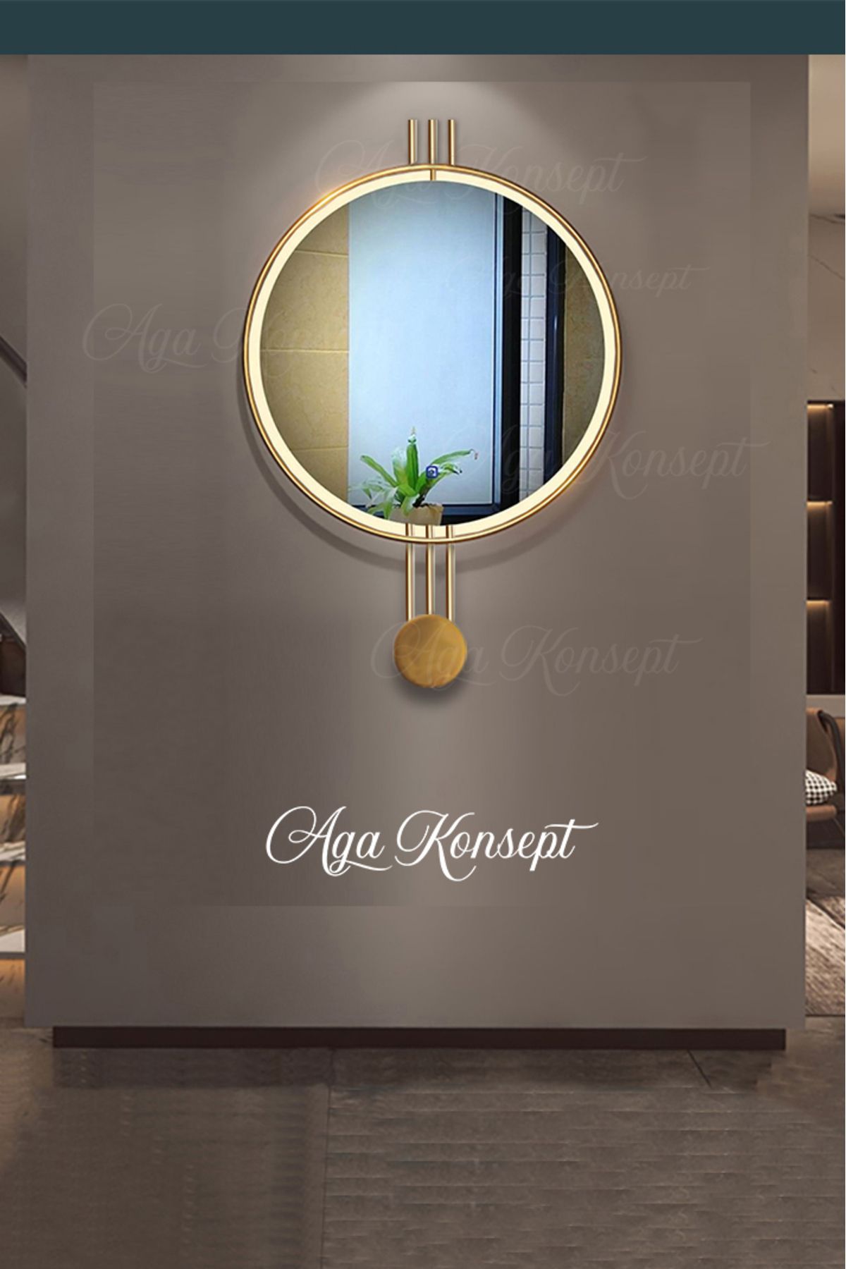 AGA KONSEPT Led Li Amedi Ayna Gold Rengi Xl 60x85 Cm Dekoratif Hol Koridor Duvar Salon Makyaj Aynası
