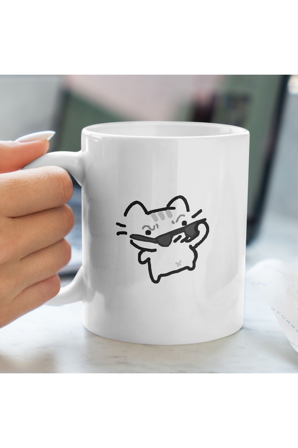 Ayabak Kupa Bardak - Şüpheci Kedi Desenli Kupa Bardak - Hediyelik Kupa Bardak