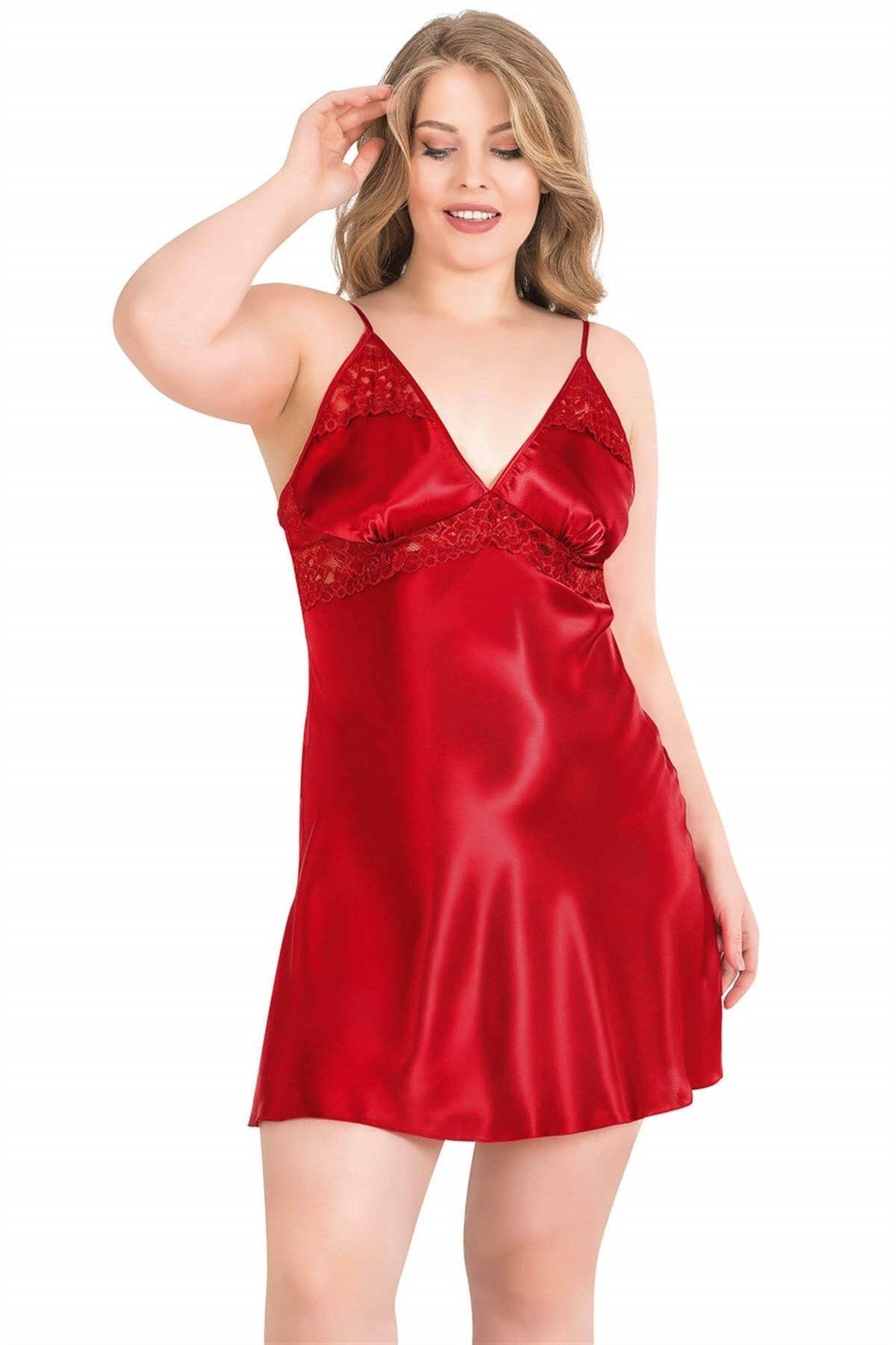 Marsilyan-Plus Size Red Short Double Satin Dressing Gown Nightgown Set 2