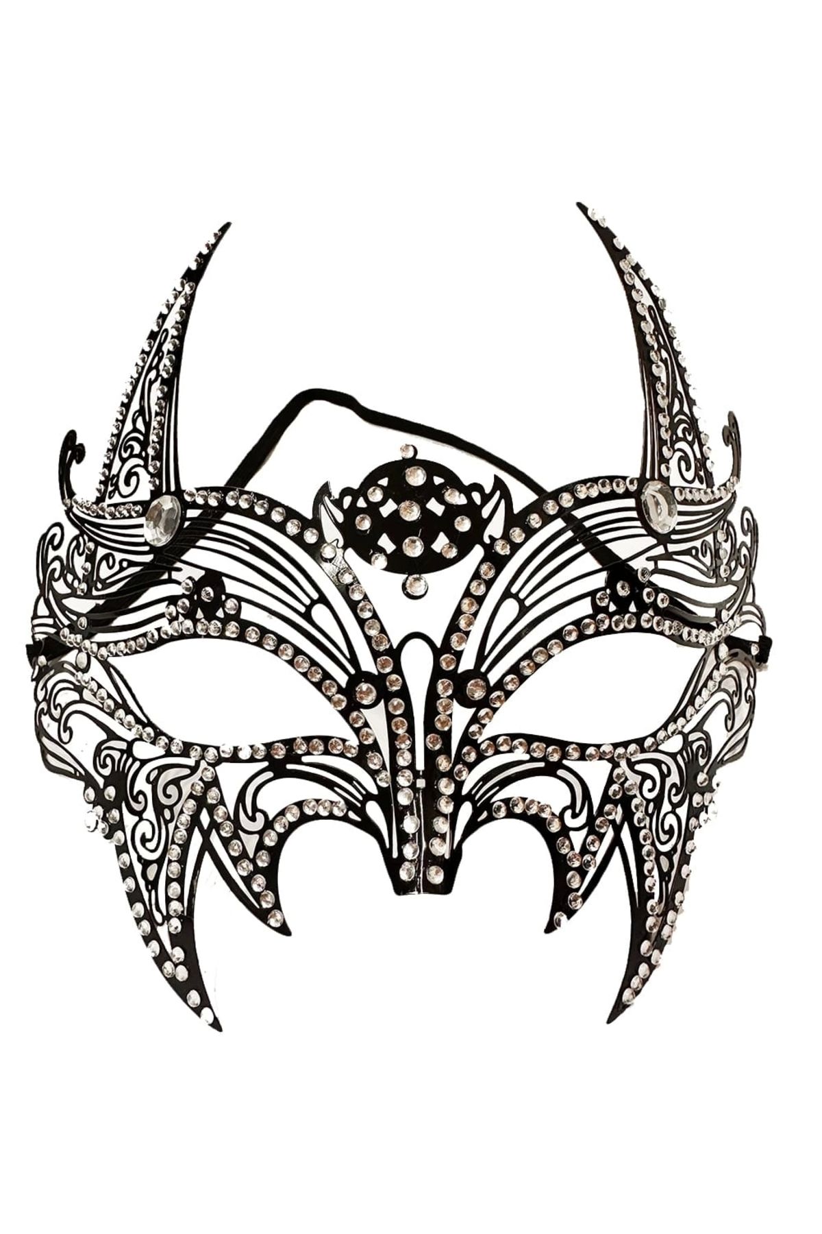TTT Siyah Lazer Kesim Kristal Taşlı Metal Lüks Maske