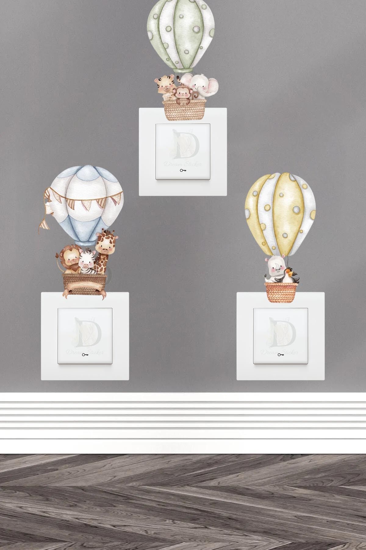 KT Decor Balonlu Hayvanlar Çocuk Odası 3'lü Priz Sticker Seti