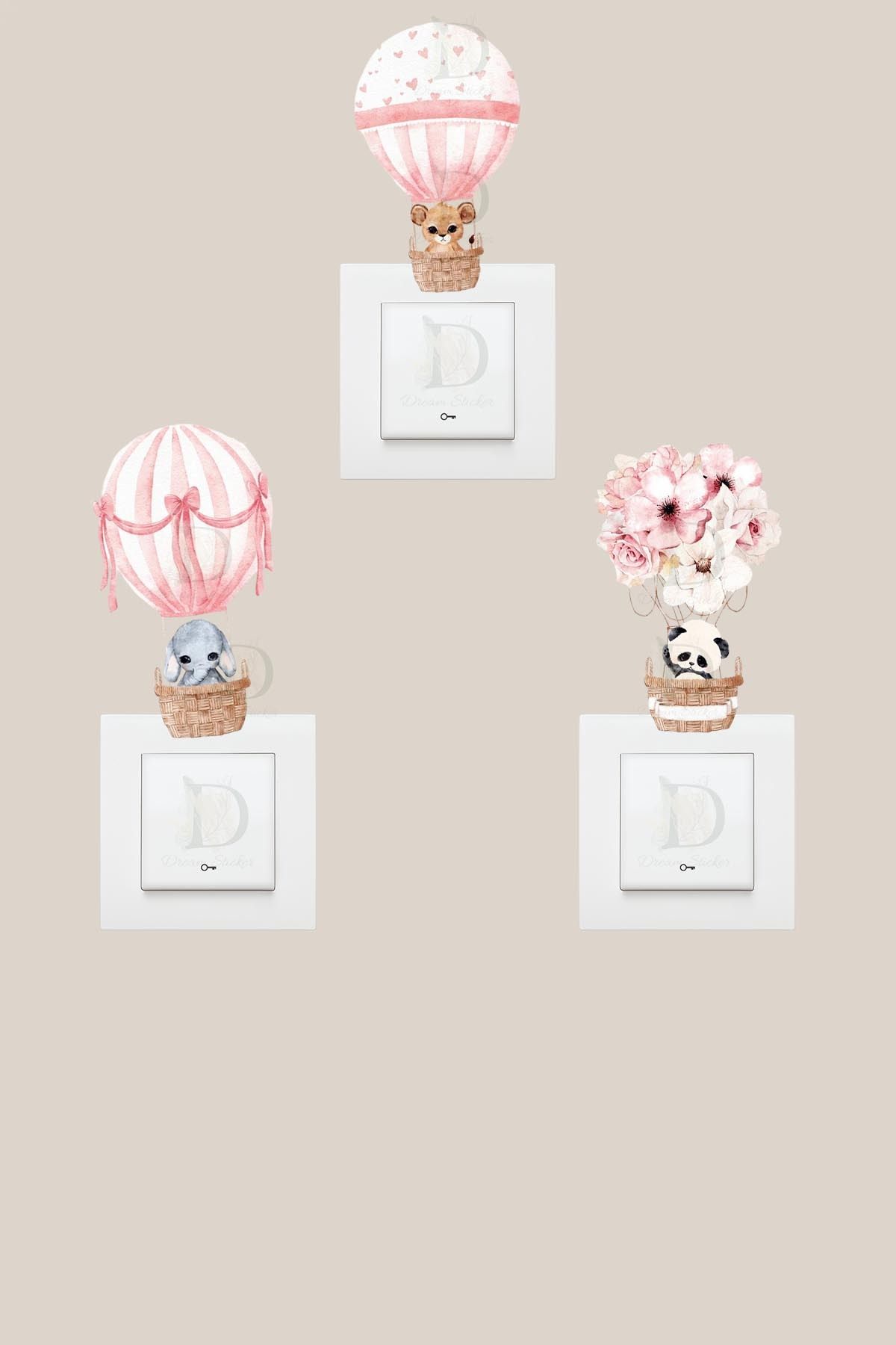 KT Decor Pembe Balonlu Sevimli Hayvanlar 3'lü Priz Sticker Seti