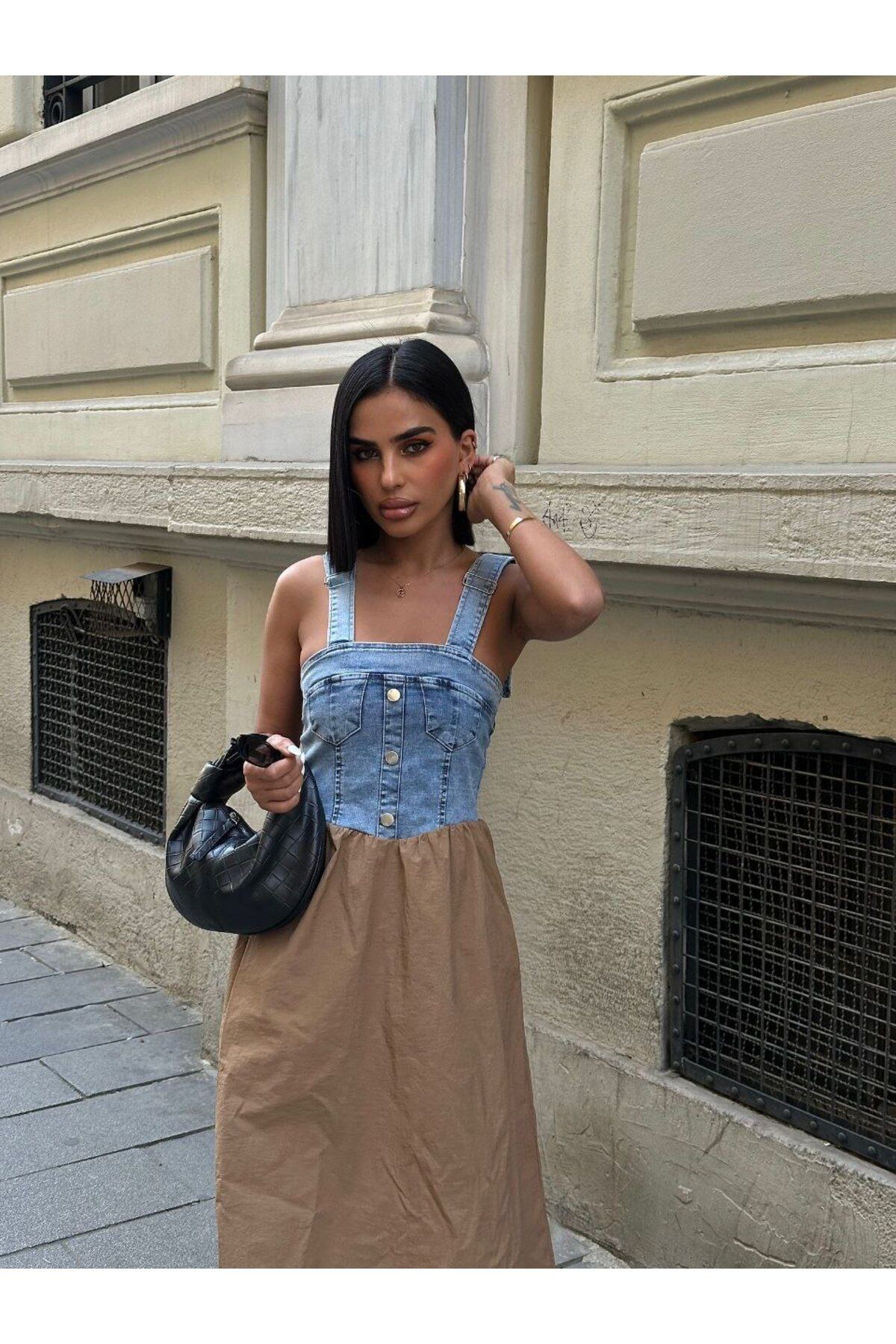 Castivo Fashion Denim Büstiyer Detaylı Askılı Maksi Elbise