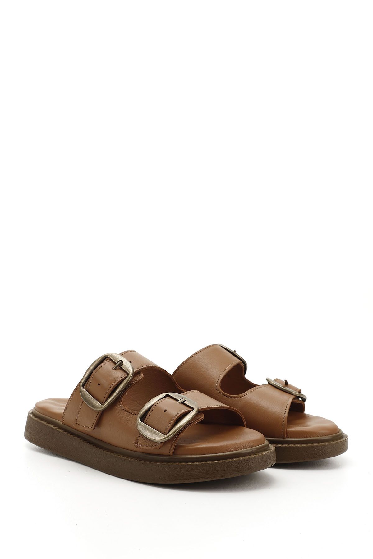 GÖNDERİ(R)-Women / Girls Tan Buckle Genuine Leather Comfort Slippers 2