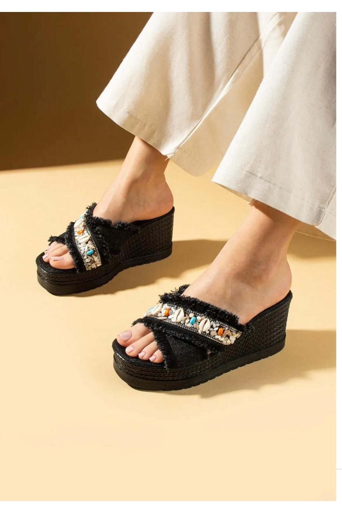 lady luvy by berkbay Kadın Keten Kalın Dolgu Topuk Poli Rahat Taban Casual Terlik