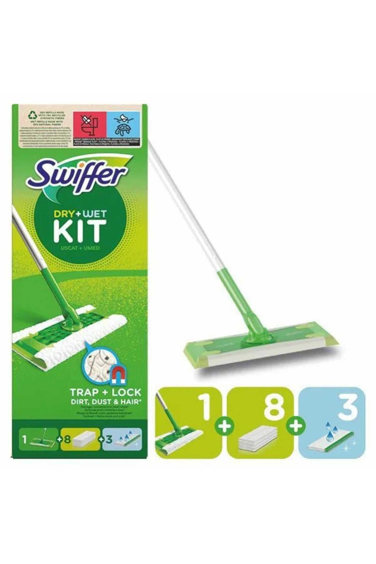 Swiffer Mop Cu Servetele Umede, Set Cu 3 Rezerve Umede + 8 Rezerve Uscate - One Size