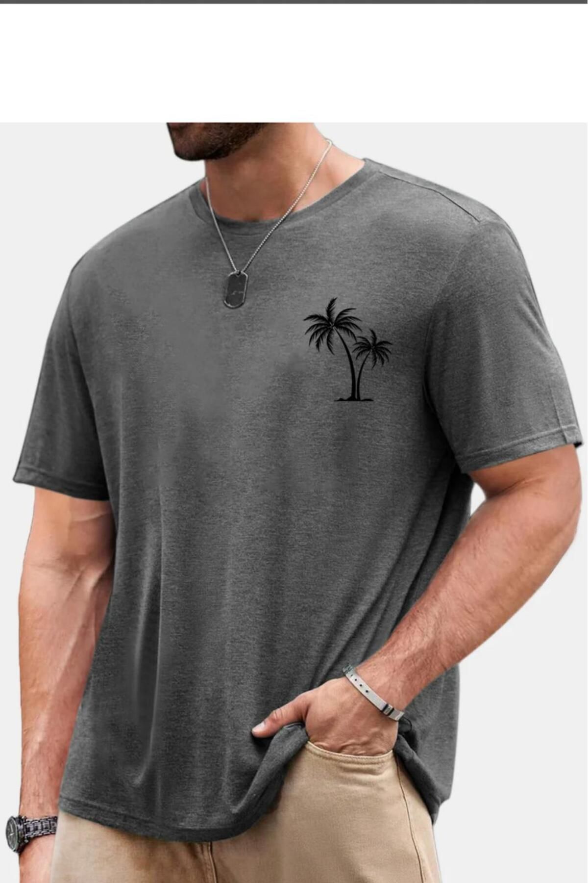 NO 601 Erkek Antrasit Palmiye Baskılı Oversize Tshirt