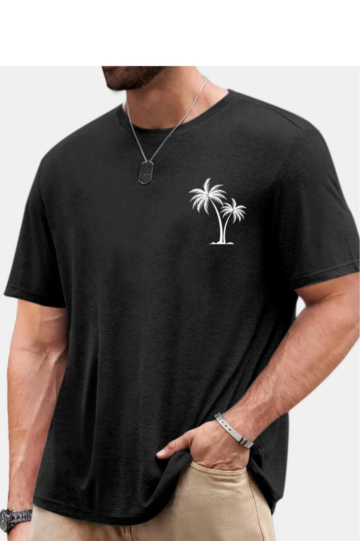 NO 601 Erkek Siyah Palmiye Baskılı Oversize Tshirt