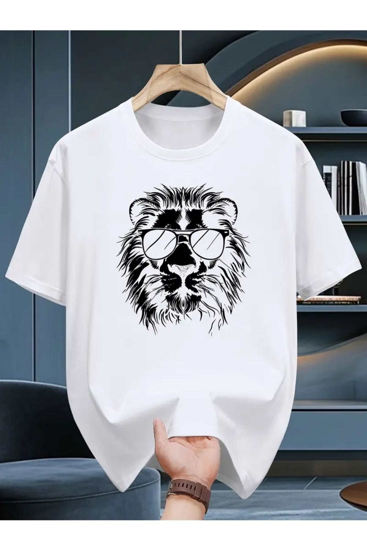 WOODROFFE Erkek Gözlüklü Aslan Baskılı T-shirt Oversize Salaş Boyfirend
