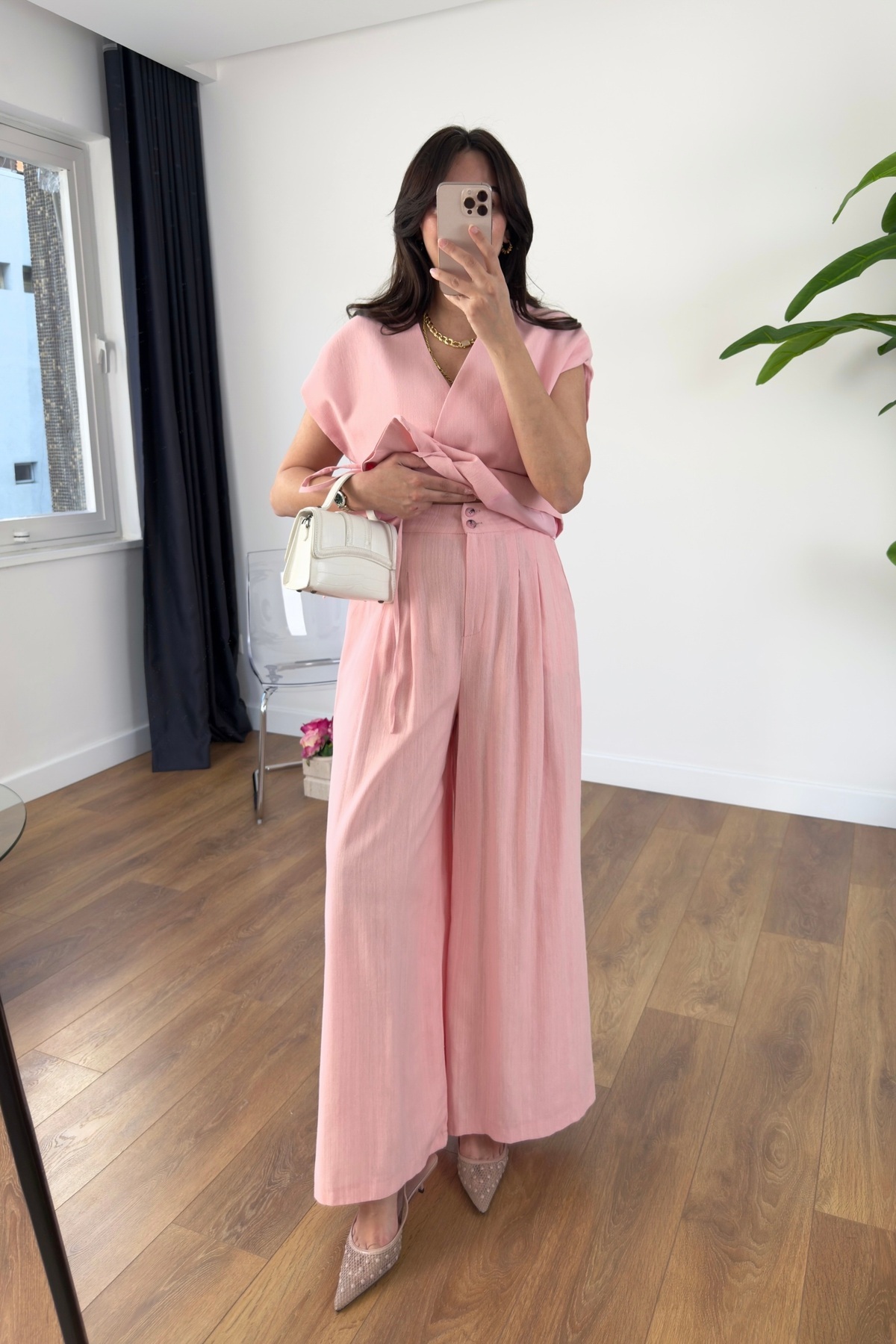 BİRCANÇİL-Lidya Pink Hidden Buttoned Drawstring Linen Vest Set 5