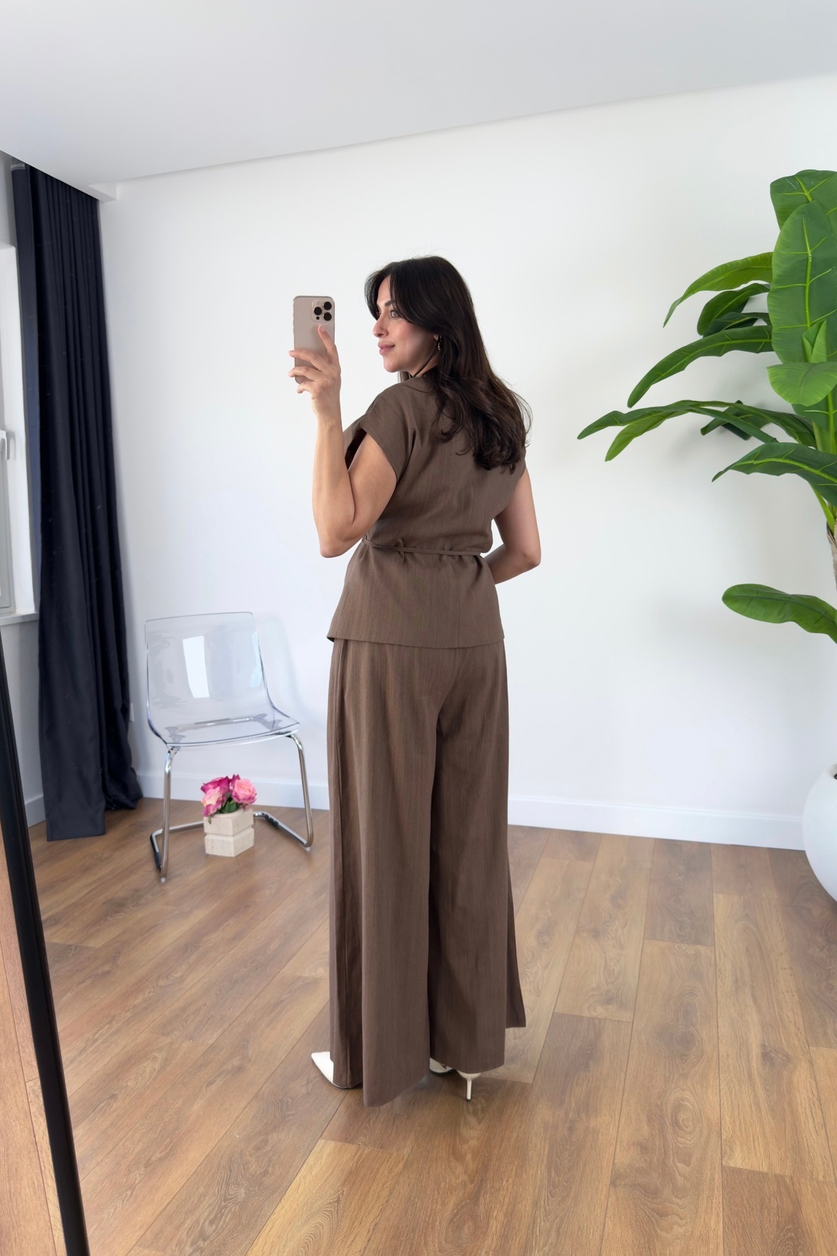 BİRCANÇİL-Lidya Bitter Brown Hidden Buttoned Drawstring Linen Vest Set 4