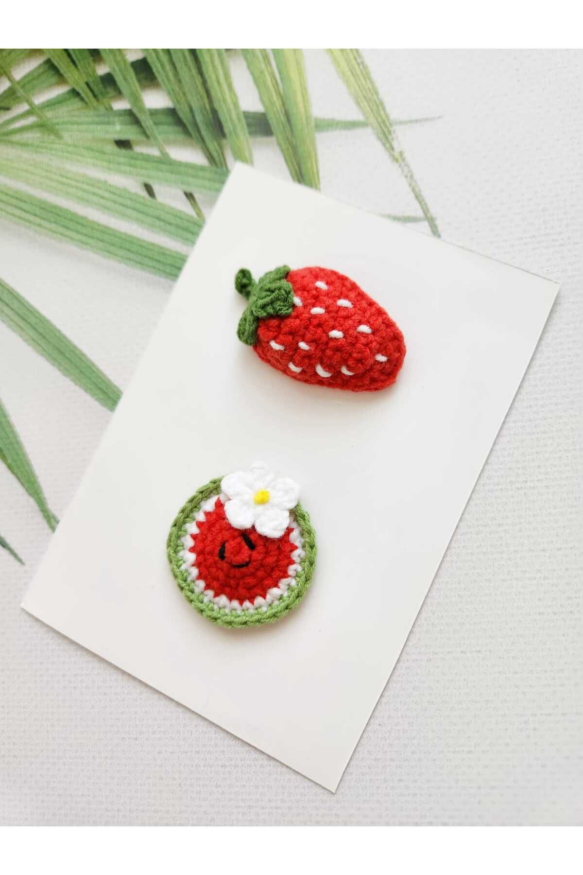 Kadın Girişimciler Atölyesi Meyveli Çilek Karpuz Model El Emeği 2'li Klips Saçsız Bebek Tokası Handmade Bebek Hediyelik