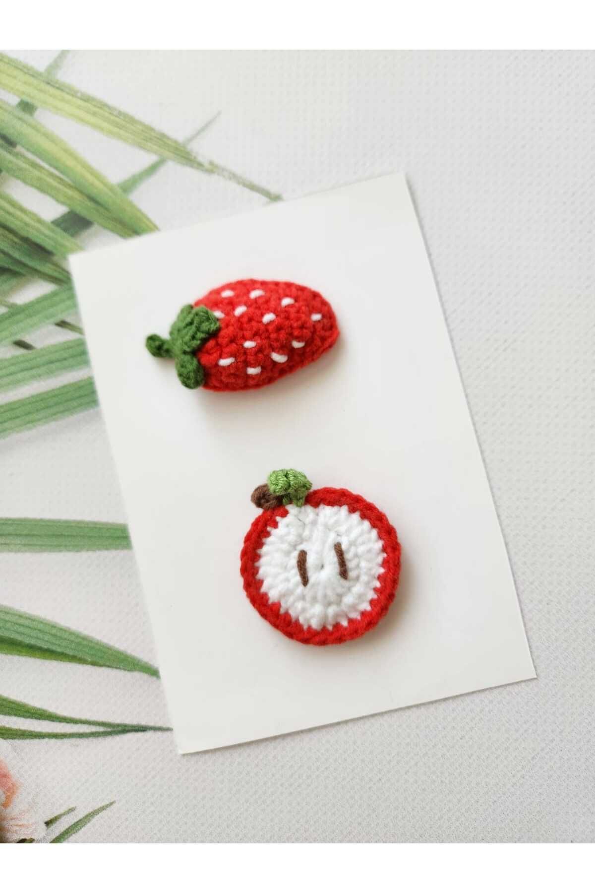 Kadın Girişimciler Atölyesi Meyveli Elma Çilek Model Kırmızı El Emeği 2'li Klips Saçsız Bebek Tokası Handmade Bebek Hediyelik