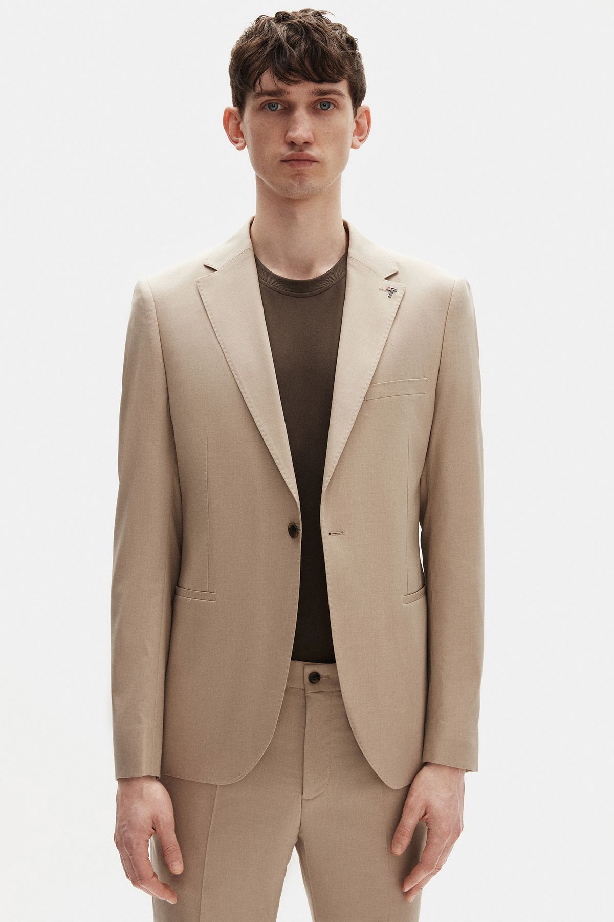 Tween Slim Fit Bej Armürlü Yünlü Takim Elbise