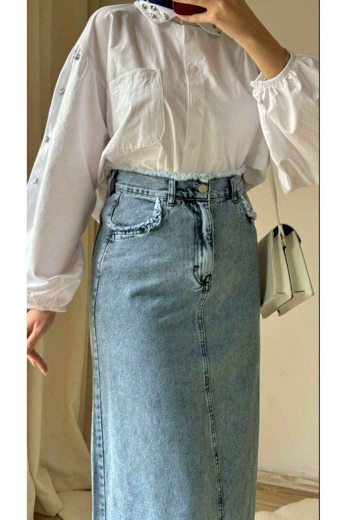 Suede Style 9028 - Beli Düğmeli Kadın Kot Etek