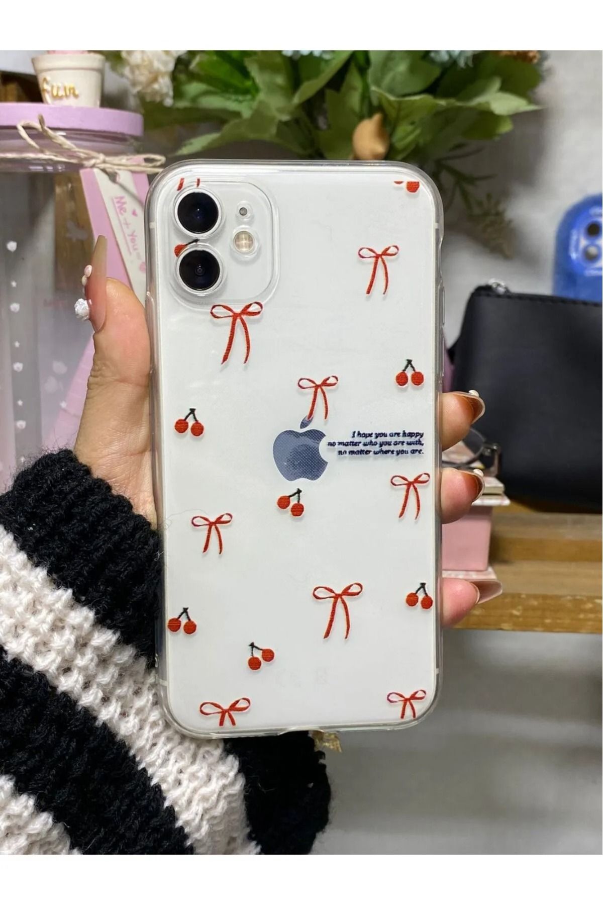 LUXKLAS İPhone 11 kiraz baskılı darbeya karşı dayanıklı Aa kalite şeffaf kılıf