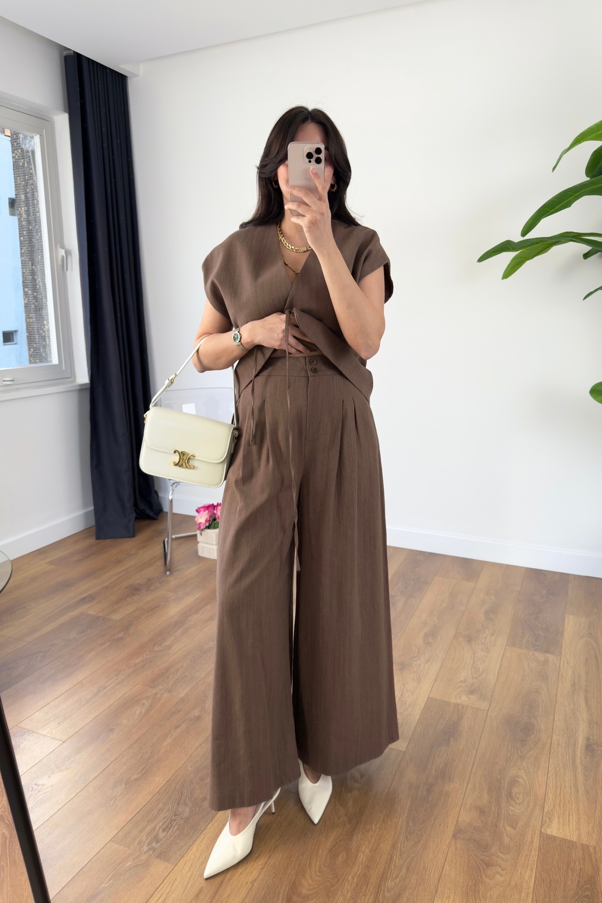 BİRCANÇİL-Lidya Bitter Brown Hidden Buttoned Drawstring Linen Vest Set 5
