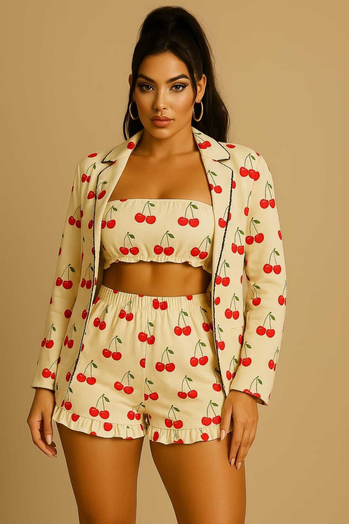 PEMBİŞ HOMEWEAR Bürümcük Gömlek Yaka Kirazlı Straplez Pijama Takımı