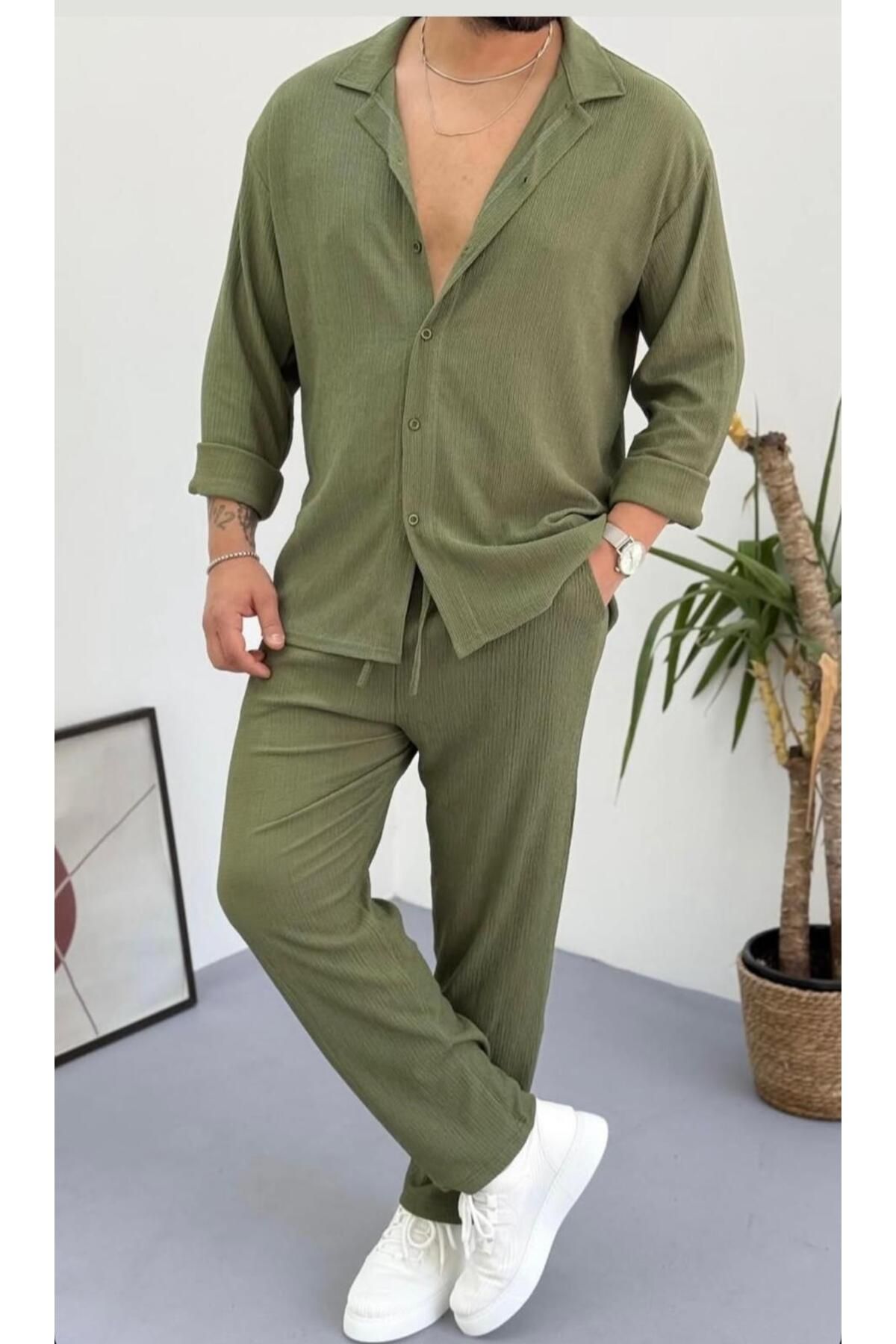 NO 601 Erkek Yeşil Bürümcük Gömlek Yeşil Pantalon Takım