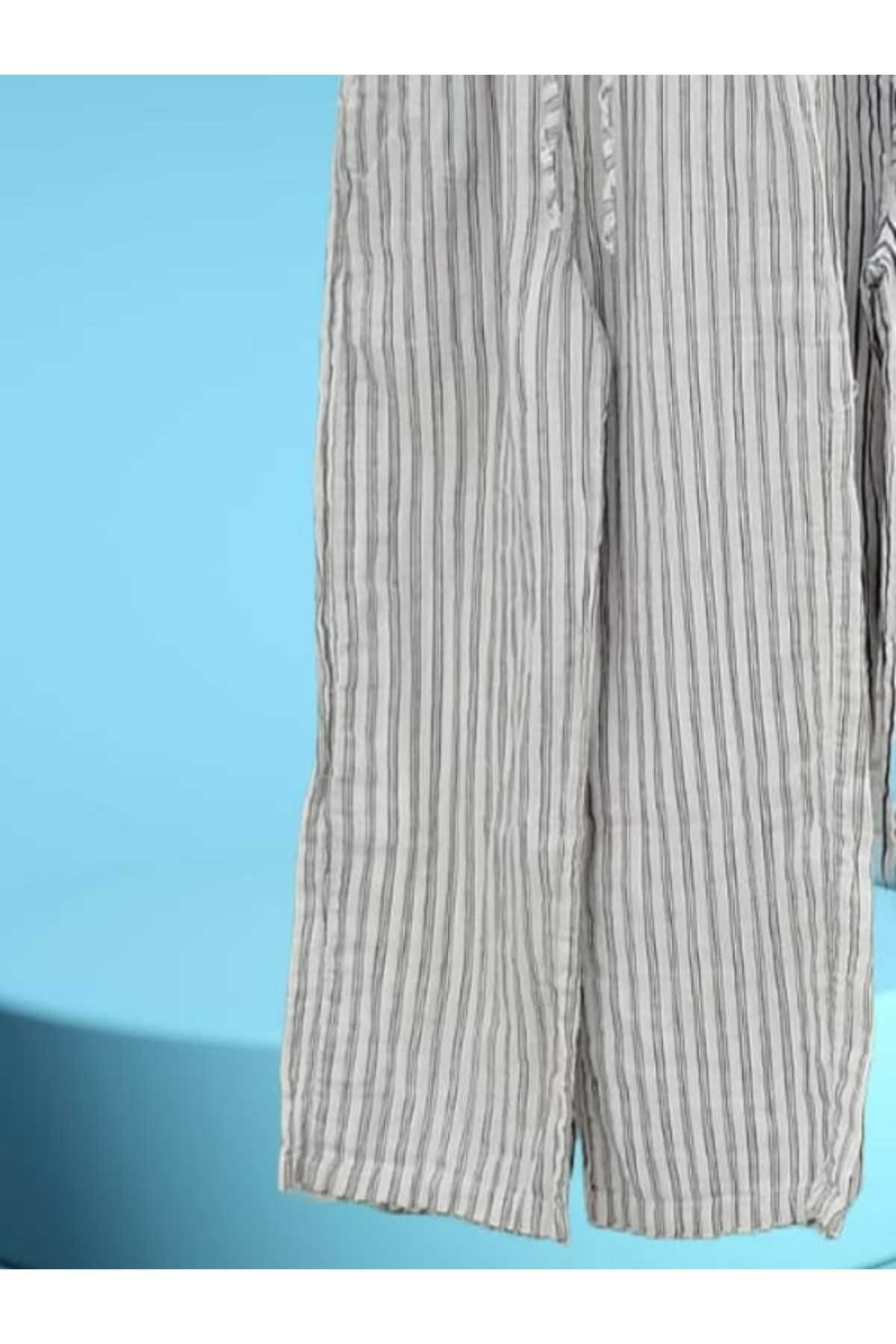 MODA Kadın Beli Lastikli Bol Paça Çizgili Müslin Keten Pantolon