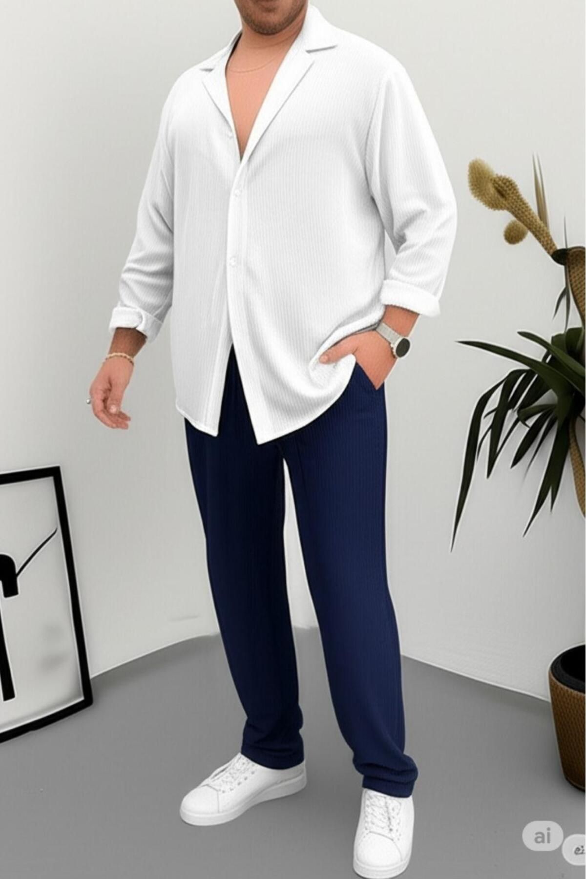 NO 601 Erkek Beyaz Bürümcük Gömlek Lacivert Pantalon Takım