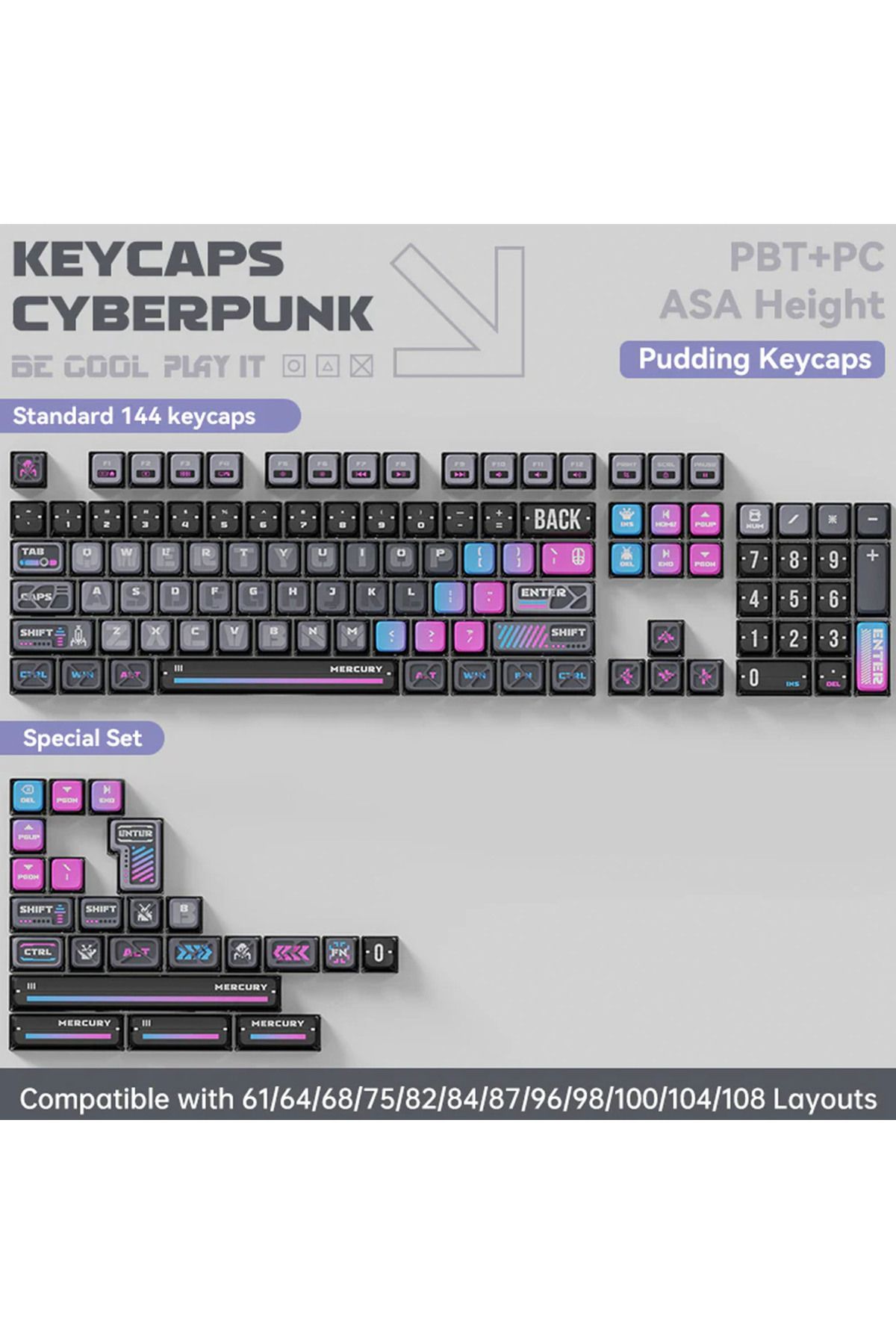 Gravastar Mekanik Oyuncu Klavyesi Tuş Takımı Seti, Mekanik Klavye ile Uyumlu Tuşlar, Cyberpunk