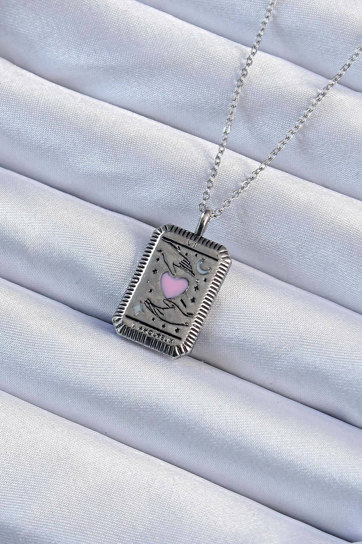 ShopZum 316L Çelik Özel Seri Zincir Eskitme Gümüş Renk Pembe Mineli Kalp Figürlü Tarot Kolye