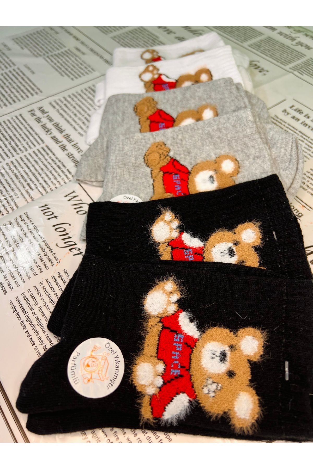 Butik Kadın Renkli Peluş Tüylü Sevimli Teddy Bear Çorap Seti 6 Çift