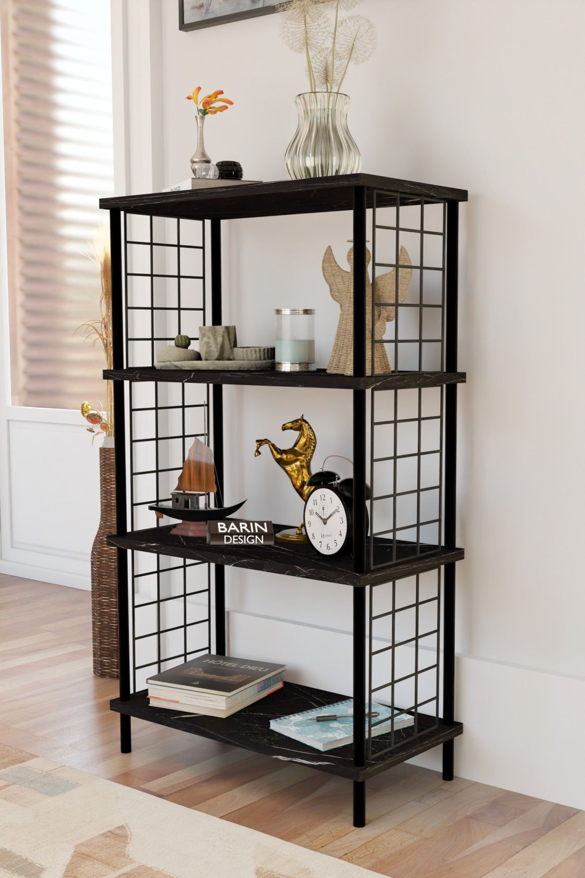 BARIN DESIGN 4 Katlı Çevir-Kur Sistemli Metal Yan Telli Ahşap Raf Çok Amaçlı Kitaplık, Dekoratif Düzenleyici