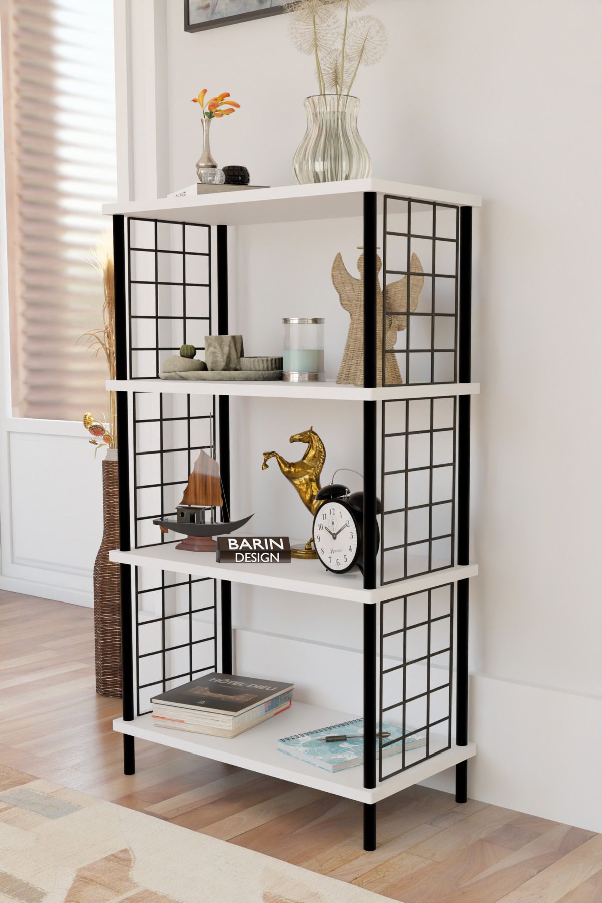 BARIN DESIGN 4 Katlı Çevir-Kur Sistemli Metal Yan Telli Ahşap Raf Çok Amaçlı Kitaplık, Dekoratif Düzenleyici