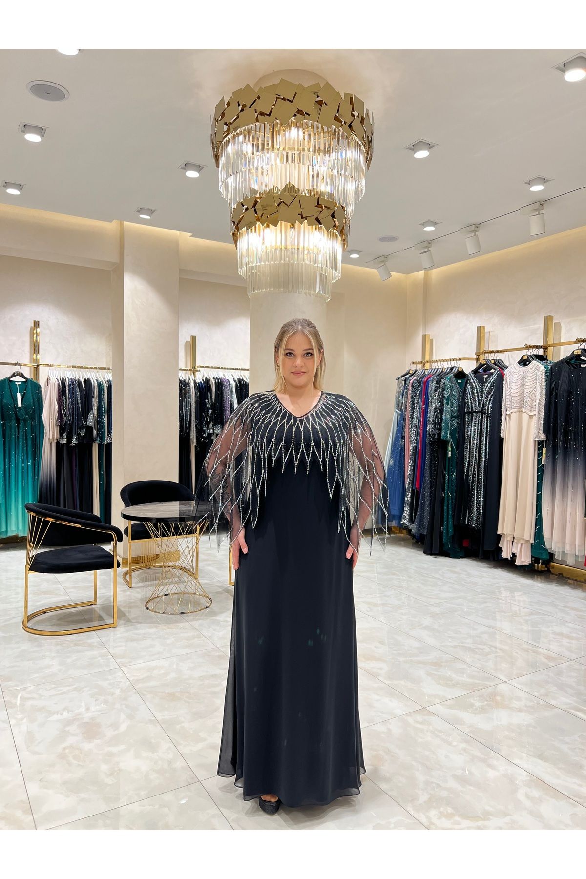 Balerina Pelerin Tüllü Taş İşlemeli Büyük Beden Şifon Abiye Elbise