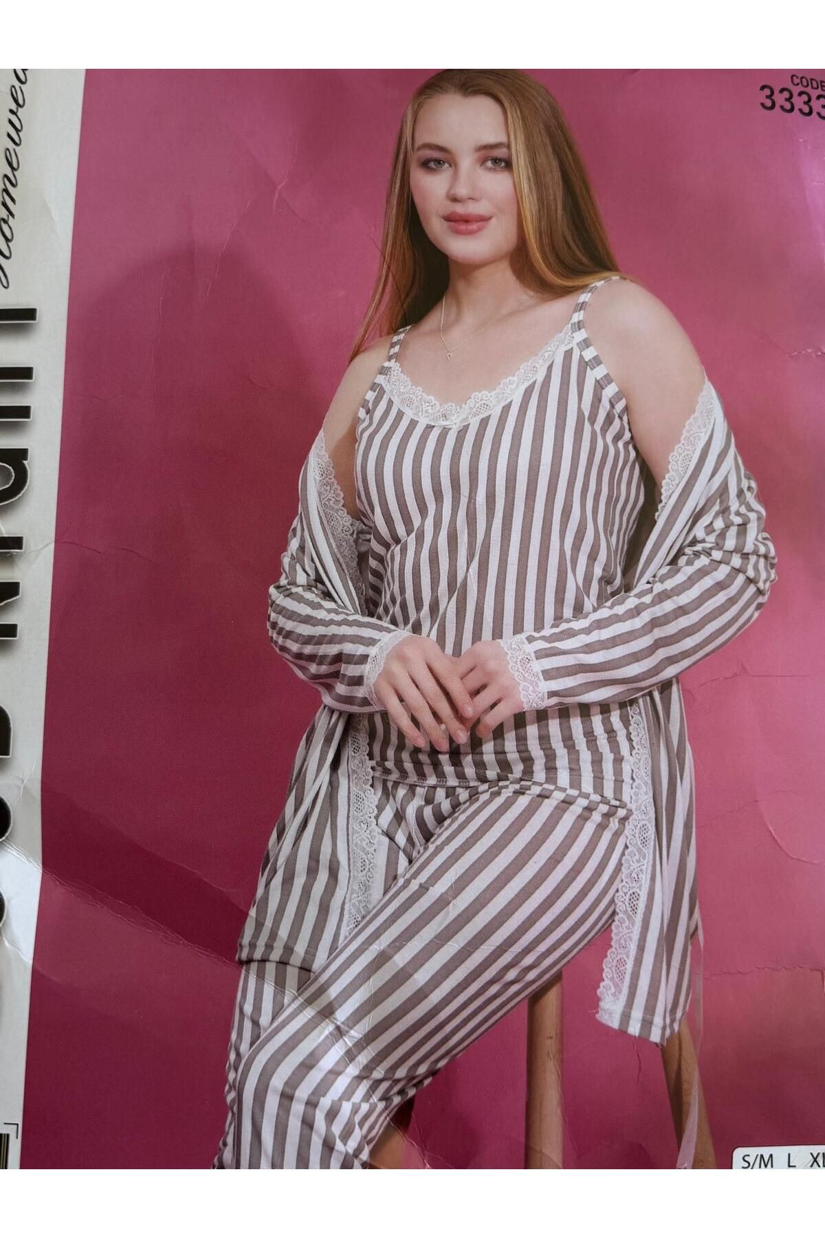 GOOD NİGHT Kadın Çizgili 3 Parça Sabahlık, İp Askı Pijama Takımı