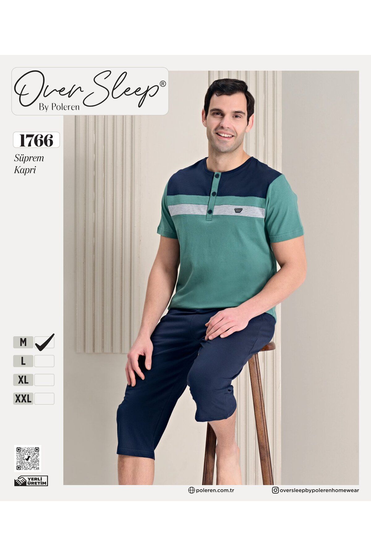 Over Sleep by Poleren hirazen 1766 erkek yazlık kısa kollu kapri pamuklu pijama takımı