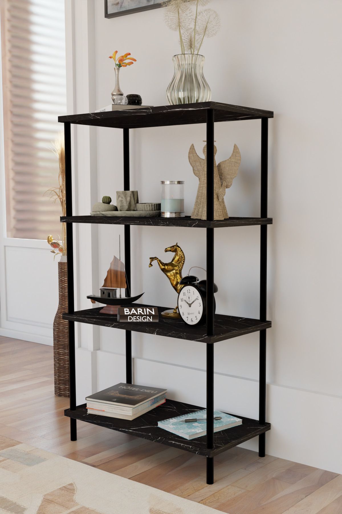 BARIN DESIGN 4 Katlı Çevir-Kur Sistemli Kitaplık Raf Metal Gövdeli Ahşap Raflı Çok Amaçlı Düzenleyici RafÜnitesi