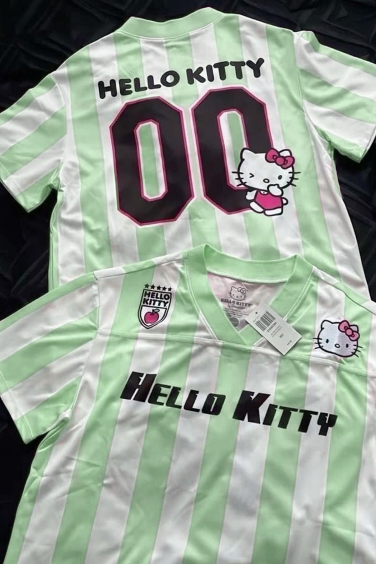 Touz Moda Pembe Beyaz V Yaka Çubuklu Jersey Kitty T-Shirt