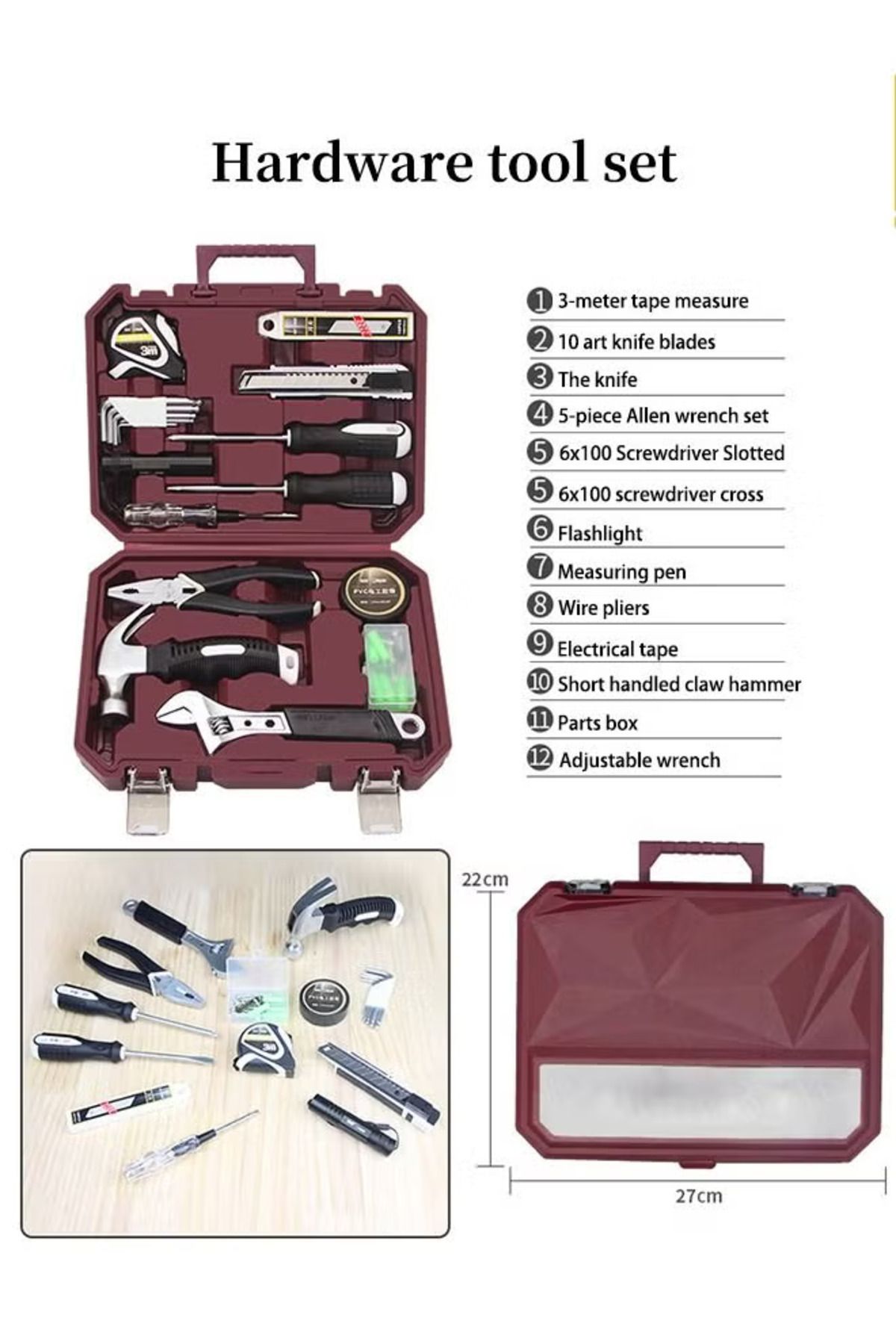 fulina-12-piece hardware repair tool set, non-slip handle, rust-proof, with storage box, for home use, red 2