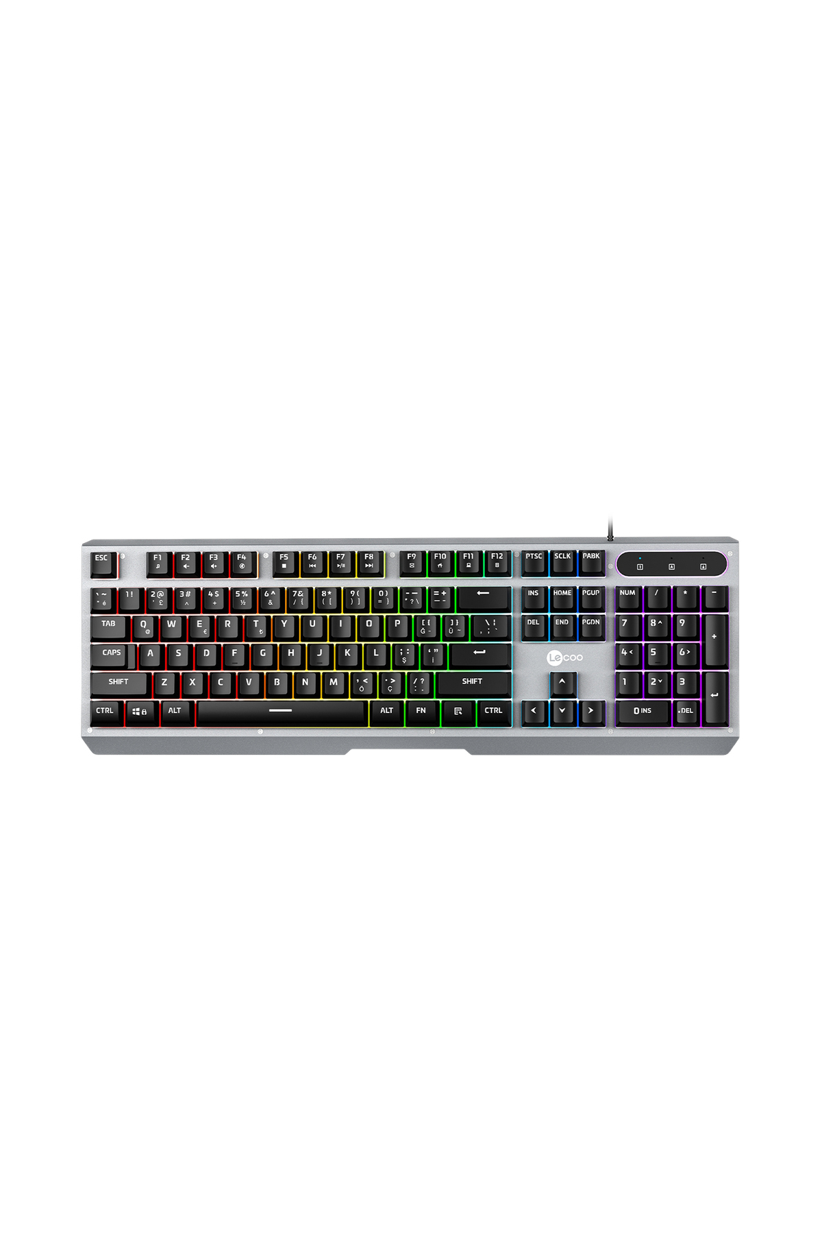 Kb121 Mechanical Sensing Membrane Gaming with Wired Macro Key Rainbow Effect Turkish Q Keyboard Metallic Grey