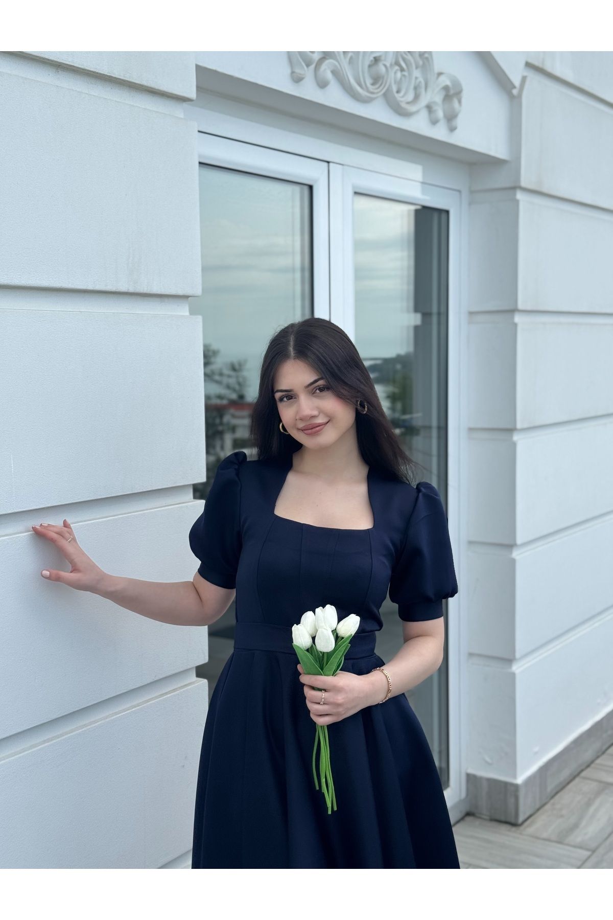 essolaria MİRA Kadın Lacivert Dikiş Detaylı Modern Elbise/Abiye