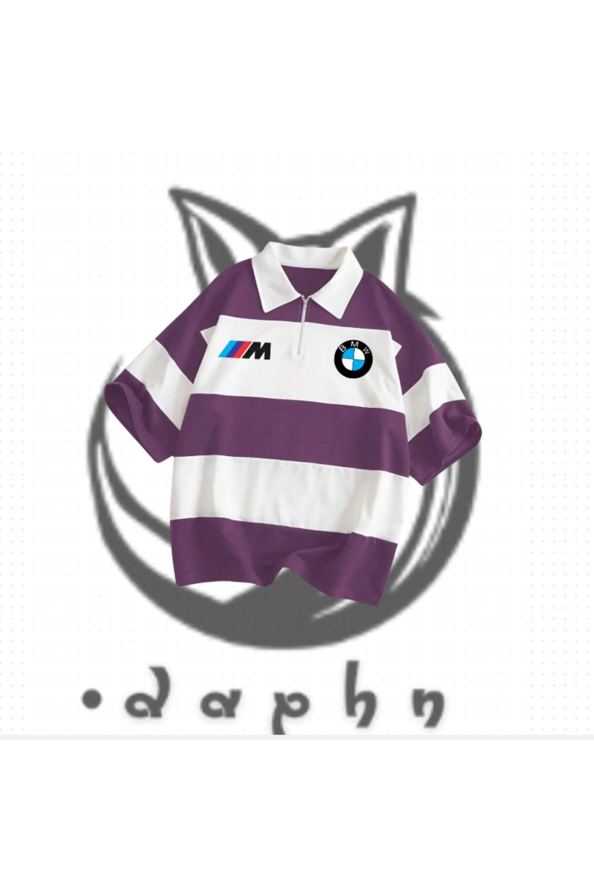 TEXTURA Yeni Sezon Unisex Erkek Kadın Mor Beyaz BMW M3 Baskılı Polo Yakalı Fermuarlı Oversize T-shirt