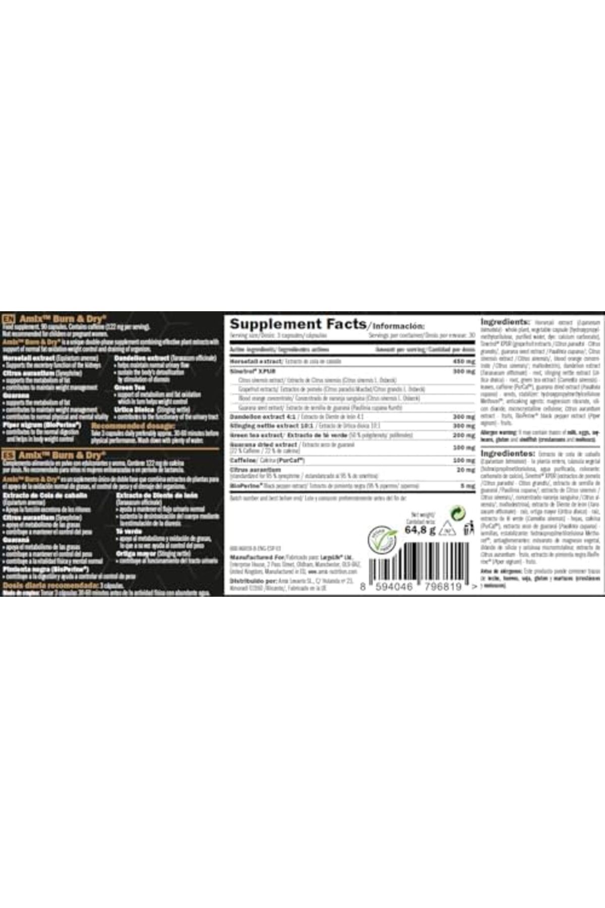 AMIX-| BURN & DRY - All-in-one - Fat burner & Diuretic fórmula- Complemento para Control de Peso y 5