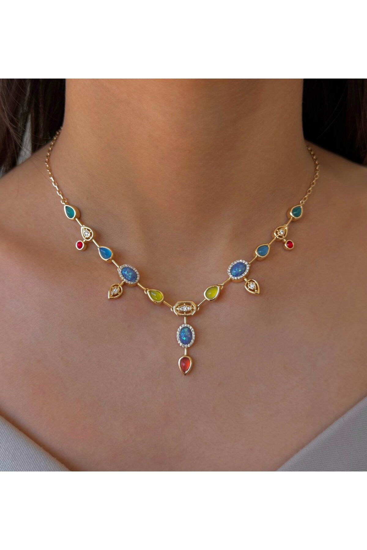 h&b design jewel Çelik Renkli Taşlı Kolye
