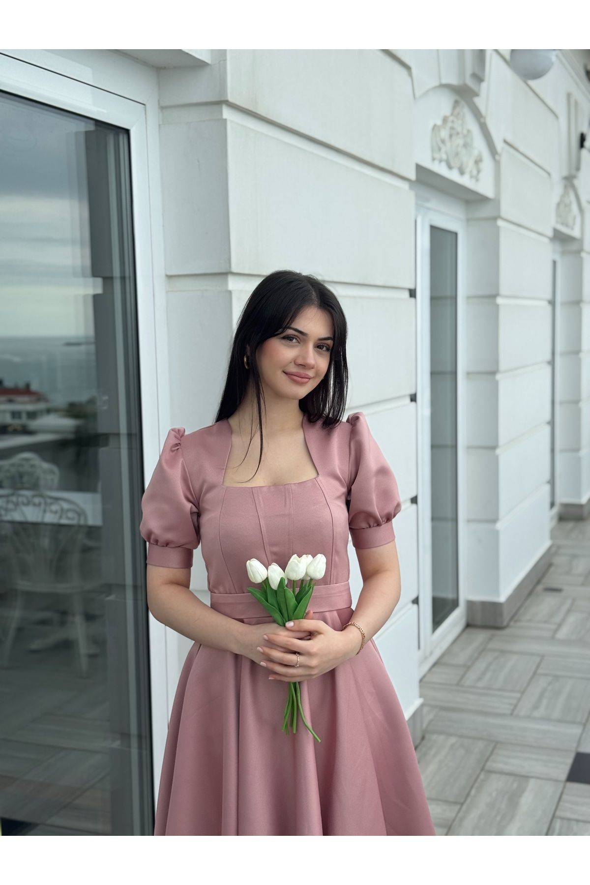essolaria MİRA Kadın Gül Kurusu Dikiş Detaylı Modern Elbise/Abiye