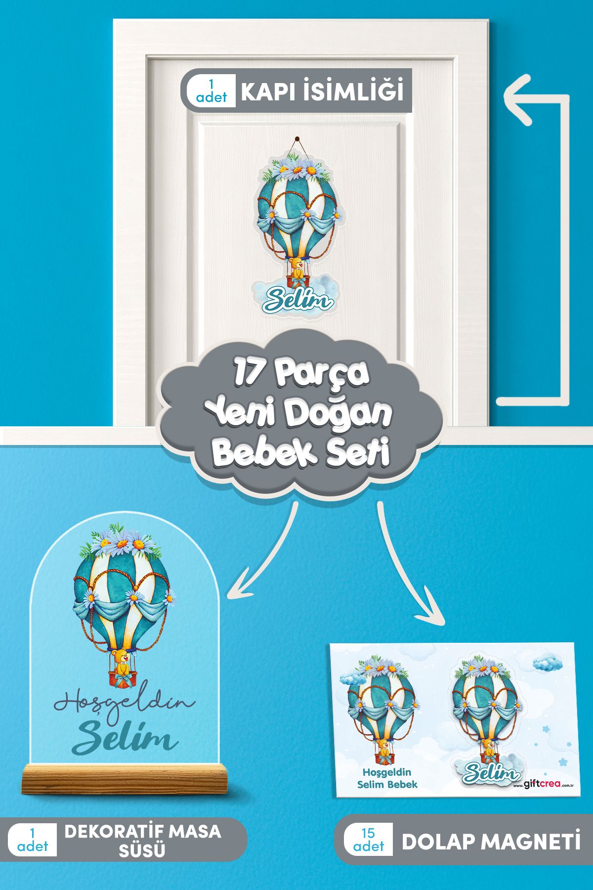 giftcrea Kişiye Özel Uçan Balon Temalı 17 Parça Yenidoğan Bebek Seti - Kapı Süsü, Masa Süsü, Magnet