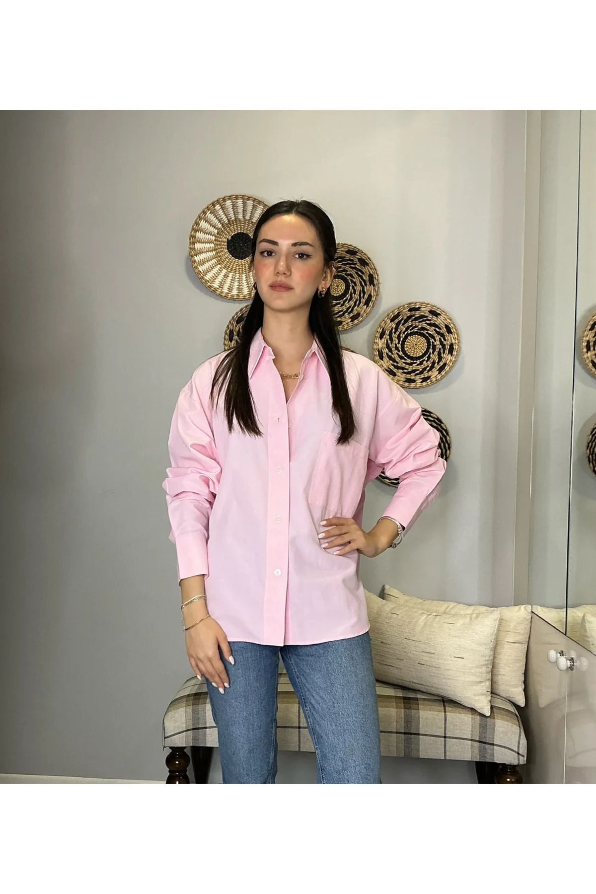 saze butik OVERSİZE PEMBE POPLİN GÖMLEK