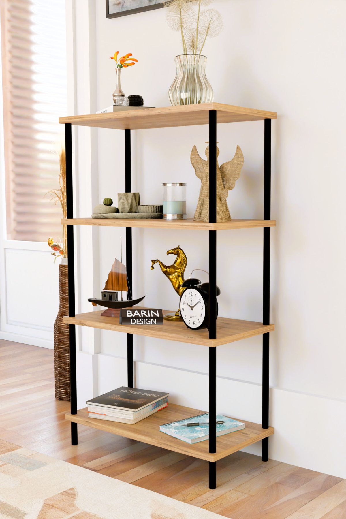 BARIN DESIGN 4 Katlı Çevir-Kur Sistemli Kitaplık Raf Metal Gövdeli Ahşap Raflı Çok Amaçlı Düzenleyici RafÜnitesi