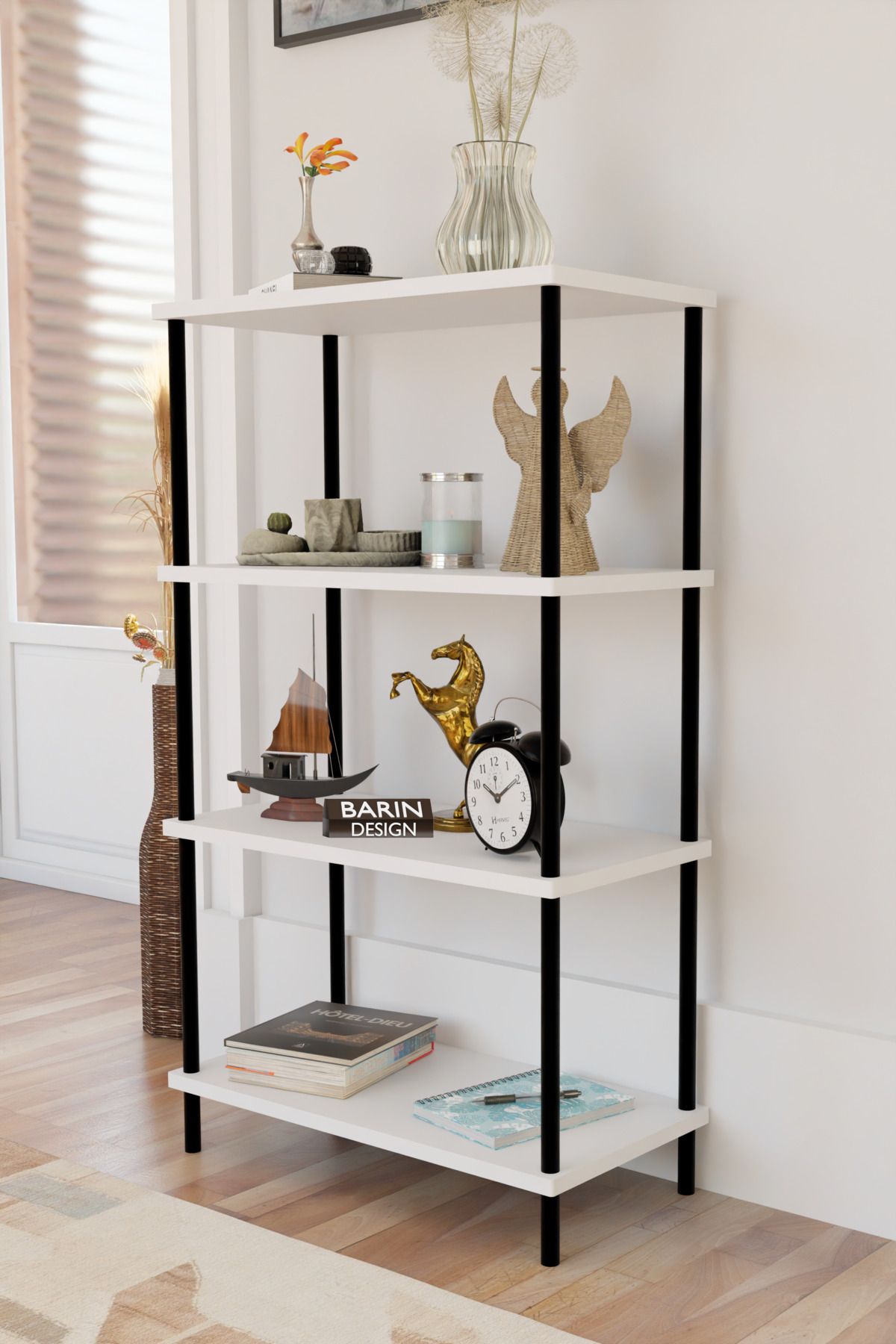 BARIN DESIGN 4 Katlı Çevir-Kur Sistemli Kitaplık Raf Metal Gövdeli Ahşap Raflı Çok Amaçlı Düzenleyici RafÜnitesi