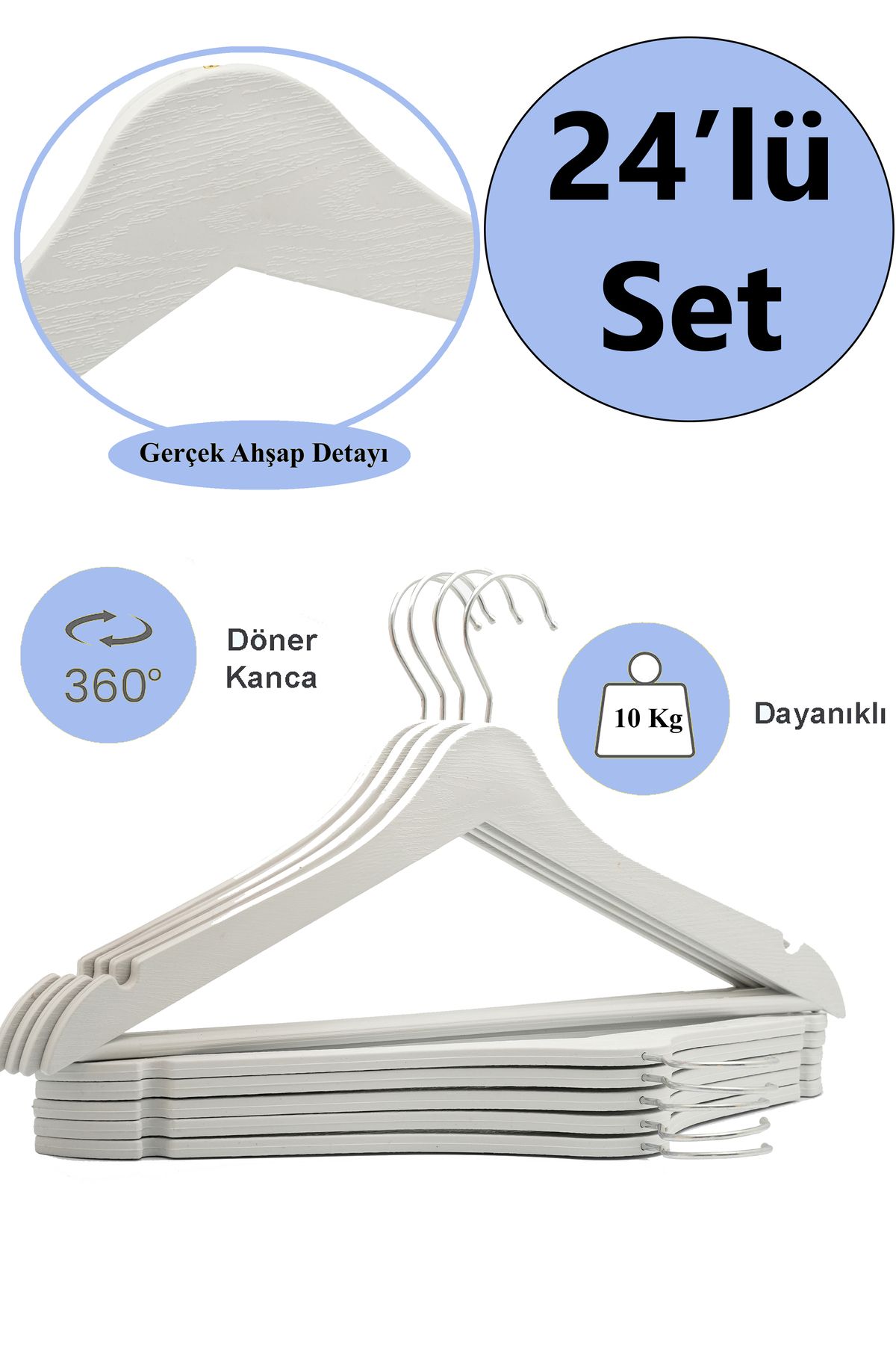 EGO Accessories 24 Adet Beyaz Ahşap Görünümlü Plastik Askı Kıyafet Elbise Gömlek Askısı