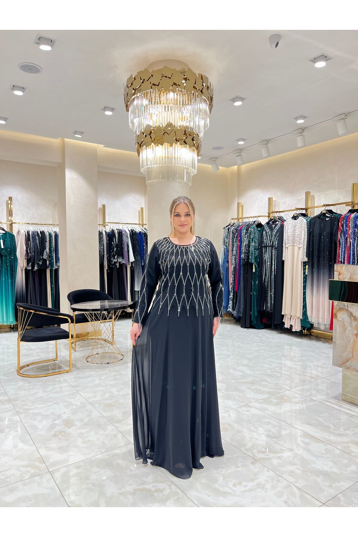 Balerina Tül Üzerine Taş İşlemeli Büyük Beden Şifon Abiye Elbise