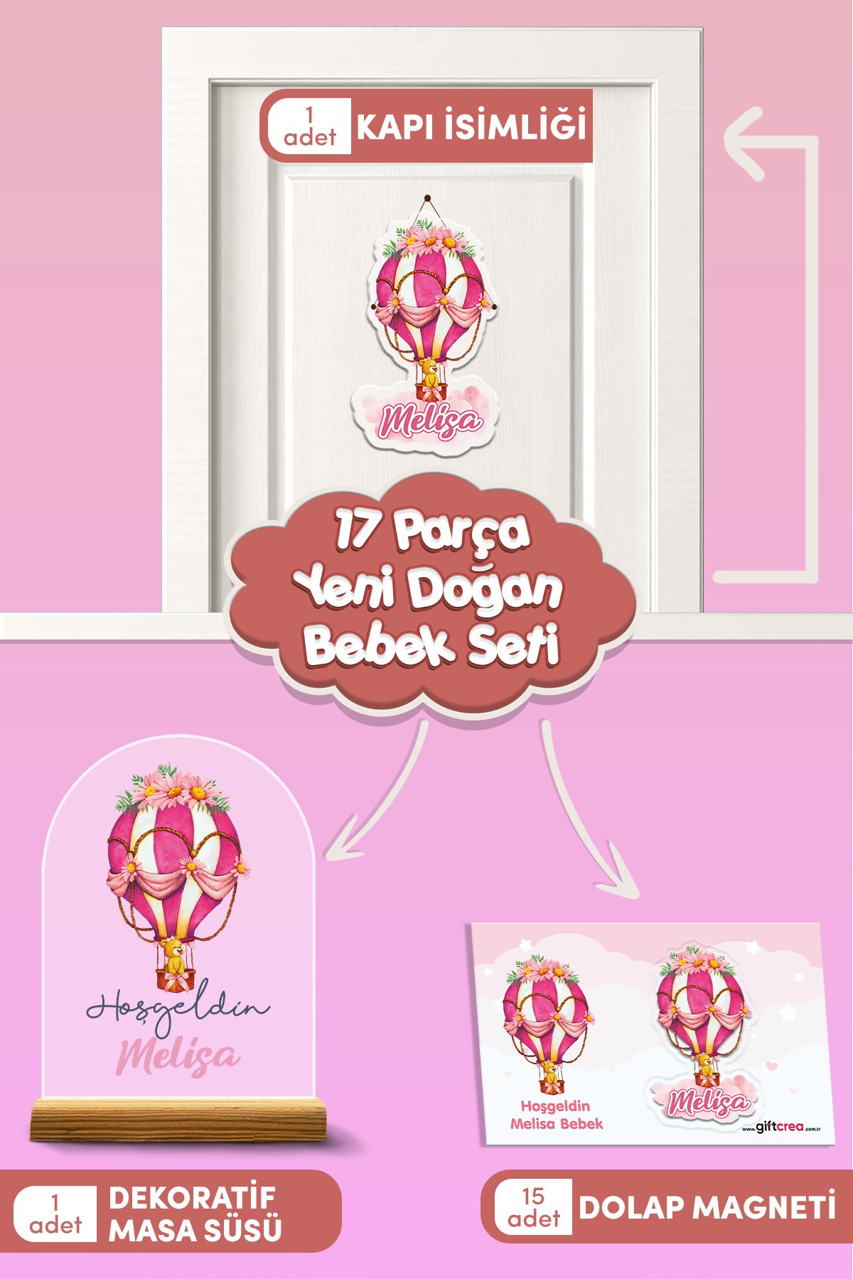 giftcrea Kişiye Özel Uçan Balon Temalı 17 Parça Yenidoğan Bebek Seti - Kapı Süsü, Masa Süsü, Magnet